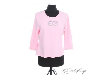 NEAR MINT ESCADA ROSE PINK STRETCH KNIT LONG SLEEVE TEE SHIRT WITH PAISLEY 'EE' MONOGRAM XL