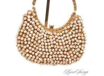 TOTALLY OVER THE TOP CLARA KASAVINA HAND MADE FULY BEADED PEARL AND CRYSTAL GOLD HANDLE EVENING BAG