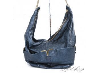 NEAR MINT AND MOST COVETED CHLOE METALLIC BLUE CRINKLED LEATHER SLOUCHY GOLD HARDWARE HOBO BAG
