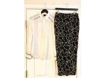 WOMENS LOT OF 2 WHITE CHIC WORTHINGTON TOP & YELLOW OVER BLACK BELL BOTTOM PANTS L