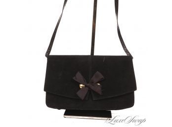 LIKE NEW AND TOP QUALITY VINTAGE CHARLES JOURDAN PARIS BLACK SUEDE FLAP BAG WITH GOLD HARDWARE AND BOW