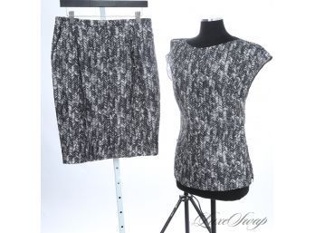 BRAND NEW WITH TAGS $1,250 ESCADA BLACK / GREY SPECKLED PUCKERED CHEVRON 2 PIECE SKIRT SUIT 36 / 38