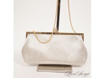 BRAND NEW WITHOUT TAGS NINA TIMELESS SILVER PLEATED ACCORDION FABRIC GOLD HARDWARE EVENING BAG W/CHAIN