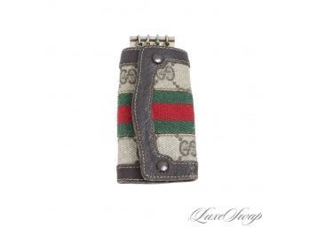 VINTAGE AUTHENTIC GUCCI MADE IN ITALY BROWN GG MONOGRAM CANVAS SUPREME RACE STRIPE KEYFOB HOLDER KEYCHAIN