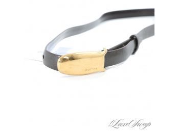 TOM FORD ERA 1990S 2000S GUCCI MADE IN ITALY BROWN SKINNY LEATHER GOLD ETCHED LOGO WOMENS BELT 32