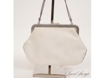 ALBERTA FERRETTI MADE IN ITALY WHITE GROSGRAIN FAILLE EVENING BAG WITH PEWTER LIZARD PRINT LEATHER TRIM