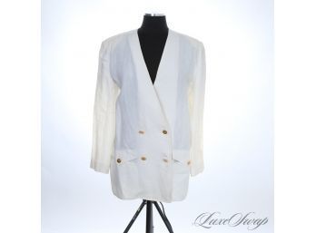 VINTAGE 1990S CHANEL IVORY LINEN COLLARLESS DOUBLE BREASTED JACKET W/12 EXCEPTIONAL GOLD CLOVER BUTTONS