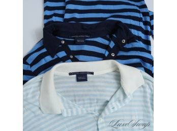 LOT X2 RALPH LAUREN MADE IN USA WOMENS LONG SLEEVE BLOCK STRIPED POLO SHIRTS, NAVY/ROYAL WHITE/SKY BLUE
