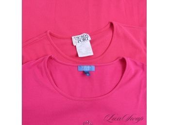 LOT X 2 NEAR MINT ESCADA WOMENS VIBRANT HOT PINK STRETCH KNIT TEE SHIRTS, ONE WITH CRYSTAL E MONOGRAM L