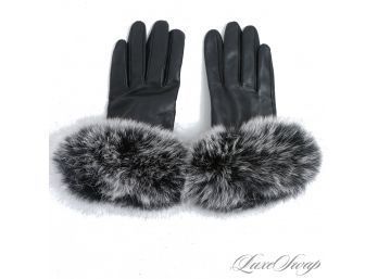 TOTAL PRINCESS STYLE! NEAR MINT LA FIORENTINA BLACK NAPPA LEATHER GLOVES WITH GENUINE FUR LIKELY FOX CUFF 8