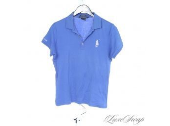 LOT X3 WOMENS RALPH LAUREN WHITE AND LAKE BLUE PIQUE AND SATEEN POLO GOLF SHIRTS WITH CREST BADGES L