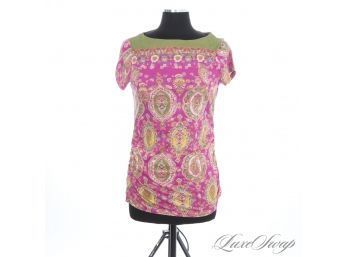 BRAND NEW WITH TAGS RALPH LAUREN MAGENTA / GREEN MULTI LARGE SCALE EASTERN PAISLEY BOATNECK RUCHED SHIRT M