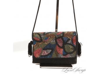HIGHLY ORNATE AND NEAR MINT LADY EVE FULLY EMBROIDERED BEADWORK FLAP EVENING BAG WITH CROSSBODY STRAP