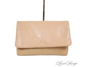 LARGE VINTAGE BAGHEERA MADE IN ITALY NATURAL STRAW EFFECT AND TAN LEATHER ENVELOPE CLUTCH BAG