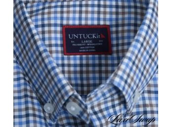 LNWOT Untuckit Relaxed Fit White Wheat Blue Gingham Plaid Button Down Shirt L