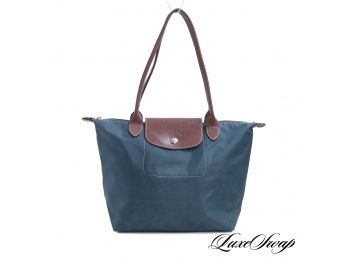 AUTHENTIC LONGCHAMP MADE IN FRANCE GREYED BLUE MICROFIBER LE PLIAGE SHOPPING TOTE BAG
