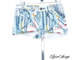 Rag & Bone Made In USA White Summer Aqua Multi Branch Print Short Shorts 25