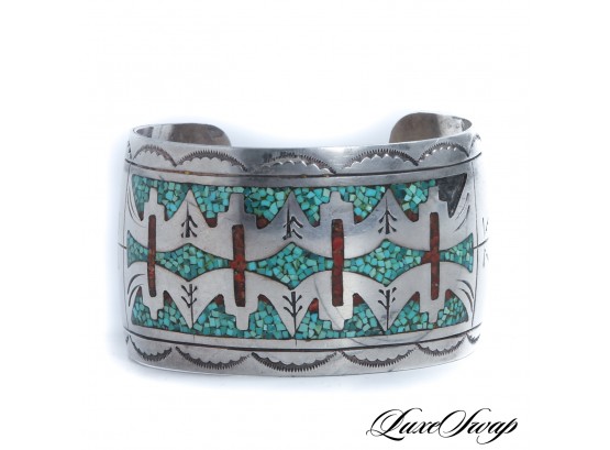 A BEAUTIFUL VINTAGE STERLING SILVER WITH TURQUOISE MOSAIC INSET SOUTHWESTERN WIDE CUFF BRACELET