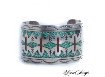 A BEAUTIFUL VINTAGE STERLING SILVER WITH TURQUOISE MOSAIC INSET SOUTHWESTERN WIDE CUFF BRACELET
