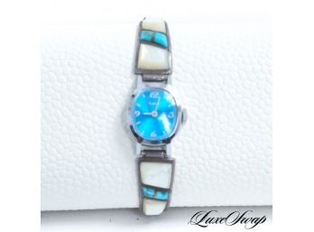 A GORGEOUS VINTAGE TIMEX WATCH WITH CUSTOM STERLING SILVER, MOTHER OF PEARL & TURQUOISE NATIVE AMERICAN INSETS