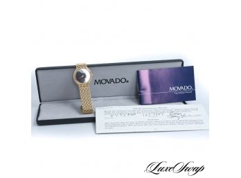 AUTHENTIC LIKE NEW IN BOX MOVADO 8733866 33MM GOLD PLATED MUSEUM WATCH COA, BOX ETC