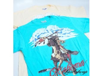 IS THIS YOUR SPIRIT ANIMAL? LOT X2 DEADSTOCK NEW 1980S VINTAGE SINGLE STICH INDIAN HORSE OKLAHOMA TEE SHIRTS