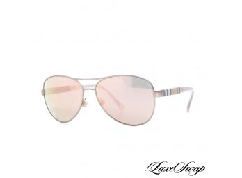 AUTHENTIC BURBERRY MADE IN ITALY B3080 TRANSLUCENT PINK TARTAN ARM MIRROR LENS AVIATOR SUNGLASSES