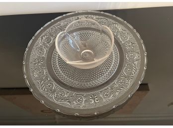 Lot Of 2 Quality Crystal Radial Etched Platter With Lotus Shaped Candy Bowl