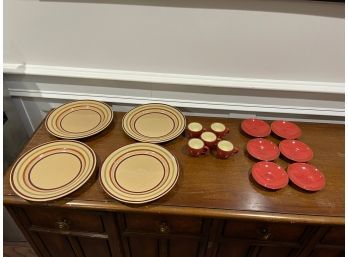 LARGE LOT OF 4 MEDITERRANEAN SAND AND TERRACOTTA RED DINING PLATES, 5 ESPRESSO CUPS, & 6 ESPRESSO PLATES