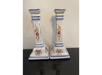 Lot Of 2 Large Size Hand Painted In Portugal Porcelain Candle Sticks