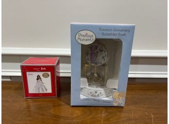 LOT OF 2 BRAND NEW IN BOXES PRECIOUS MOMENTS PORCELAIN CLOCK & BARBIE HOLIDAY 2013 25 ANNIVERSARY ORNAMENT