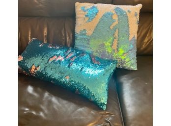 Lot X 2  2 Way Reversible Sequins Turquoise Copper Shiny Throw Pillows