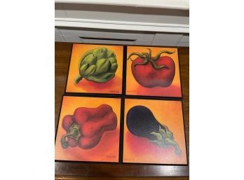LOT OF 4 VEGETABLES & FRUIT PRINTED KITCHEN ART FROM ARTIST RAFUSE LAMINATED TABLE DISPLAYS / COASTERS