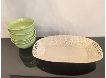 Lenox 120th Anniversary Jasmine Off White Platter With 4 Mint Green Bowls