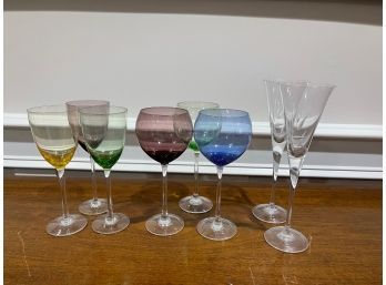 FANTASTIC LARGE LOT OF 6 LENOX COLORED GLASSES & 2 FLORAL SWIRL CHAMPAGNE FLUTES