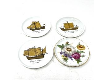 INSANE LOT OF 4 : FENTON LOT OF 3 GOLD LEAF YACHT/SHIP PLATES & 1 ANONYMOUS FLORAL PLATES