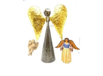 LOT OF VERY LARGE HAMMERED GOLD WINGS ANGEL, ARTIST SIGNED LUIS BLANCO CHERUB & MOVEABLE ARMS ANGEL
