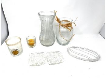 MASSIVE LOT OF COIN ACCENTED LARGE VOTIVE, SMALL CUT VOTIVE, 2 ROCK CUT COASTERS, CUT BUTTER DISH, & 2 VASES