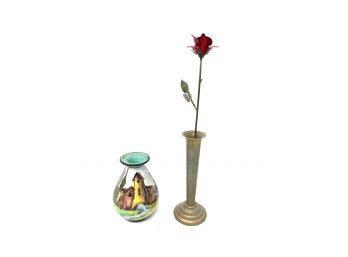 LOT OF 2 VINTAGE BRASS BUD VASE WITH BRASS ROSE AND PAINTED 3D EFFECT VILLAGE THEMED CERAMIC VASE