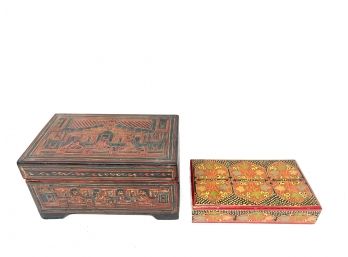 EASTERN LOT OF 2 LARGE & SMALL HIGH QUALITY ORIENTAL INSPIRED ORNATE COVERED BOXES