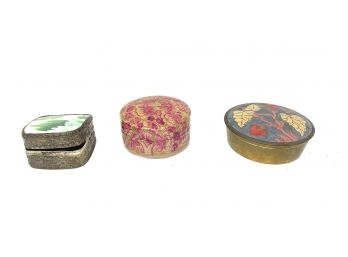 INCREDIBLE VINTAGE LOT OF 3 PAINTED AND ORNATE PILLBOXED INCL BRASS & HANDMADE IN KASHMIR