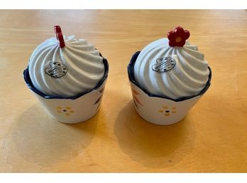 LOT OF 2 WHIMSICAL CERAMIC HAND MADE & PAINTED TEMPTATIONS FLORAL CUPCAKE JARS