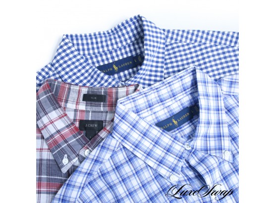 $300+ LOT OF 3 LIKE NEW RALPH LAUREN AND J. CREW MENS PLAID BUTTON DOWN DRESS SHIRTS