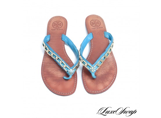 VACATION READY! TORY BURCH SANDALS  WITH AQUA LEATHER AND GOLD CHAIN LINK THONG SANDALS 8M