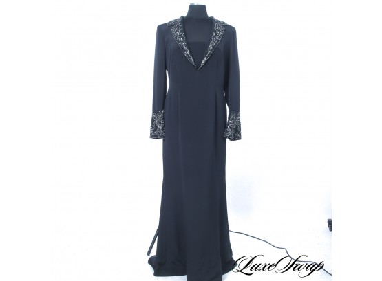 $800+ ESCADA MADE IN GERMANY BLACK CRYSTAL EMBROIDERED LONGSLEEVE EVENING GOWN