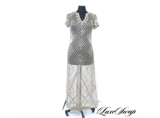 DRENCHED IN WEALTH : VINTAGE 1980S GOLD LAME CRYSTAL PEARL EMBROIDERED HONEYCOMB GOWN OH MY GOODNESS