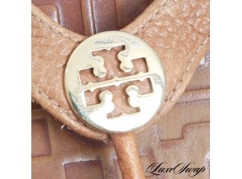SUPER CUTE TORY BURCH CAMEL LEATHER EMBOSSED MONOGRAM SOLE SANDALS 8M
