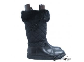 SKI LODGE LUXE - TORY BURCH BLACK LEATHER MICROFIBER AND GENUINE FUR QUILTED BOOTS