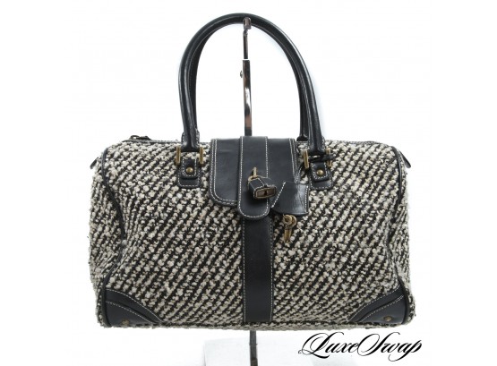PERFECT FOR FALL J. CREW BLACK/CREAM/GOLD TWEED BLACK LEATHER PIPED SPEEDY BAG