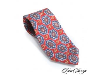 AUTHENTIC GUCCI MADE IN ITALY VINTAGE RED BLUE HORSEBIT MEDALLION EXPLOSION SILK TIE